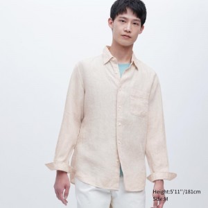 Men Uniqlo Premium Linen Long-sleeve Shirts Beige | 9170954