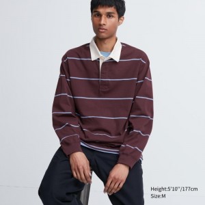 Men Uniqlo Rugger Long-sleeve Polo Shirts Burgundy | 1764155