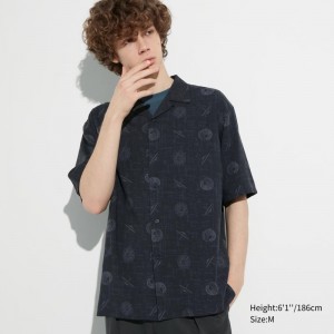 Men Uniqlo Shochiku Kabuki Open Collar Short-sleeve Shirts Black | 4672665
