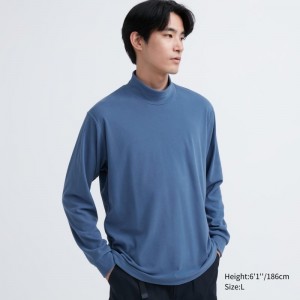 Men Uniqlo Smooth Fleece Mock Neck T Shirts Blue | 9292897