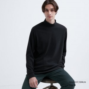 Men Uniqlo Smooth Fleece Mock Neck T Shirts Black | 9065540