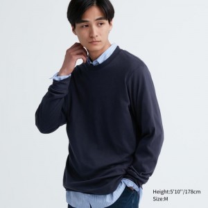 Men Uniqlo Soft Brushed Crew Neck Long-sleeve T Shirts Navy | 2556185