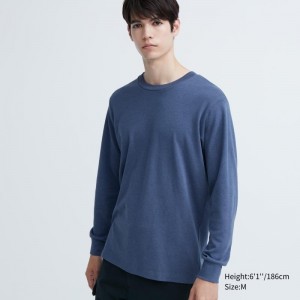 Men Uniqlo Soft Brushed Crew Neck Long-sleeve T Shirts Blue | 202744