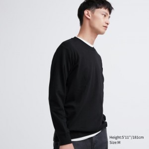 Men Uniqlo Soft Brushed Crew Neck Long-sleeve T Shirts Black | 4217513
