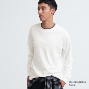 Men Uniqlo Soft Brushed Crew Neck Long-sleeve T Shirts White | 3035843