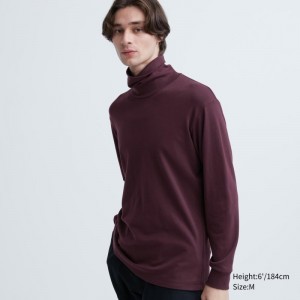 Men Uniqlo Soft Brushed Turtleneck Long-sleeve T Shirts Burgundy | 331915