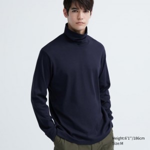 Men Uniqlo Soft Brushed Turtleneck Long-sleeve T Shirts Navy | 2889155