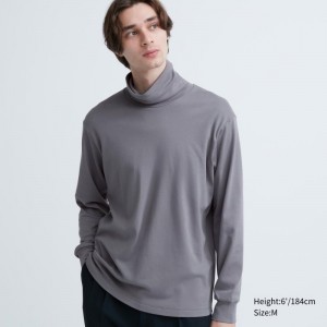 Men Uniqlo Soft Brushed Turtleneck Long-sleeve T Shirts Grey | 1767503