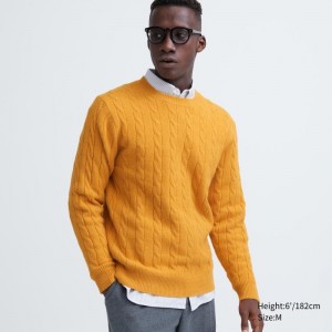 Men Uniqlo Souffle Yarn Cable Crew Neck Sweaters Yellow | 9219723