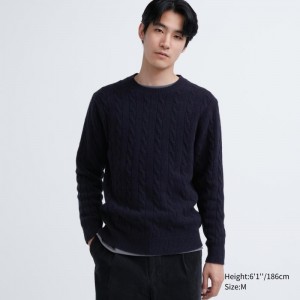 Men Uniqlo Souffle Yarn Cable Crew Neck Sweaters Navy | 2329511