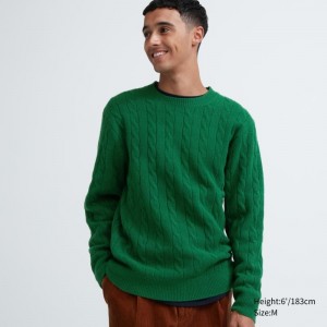 Men Uniqlo Souffle Yarn Cable Crew Neck Sweaters Green | 3437416