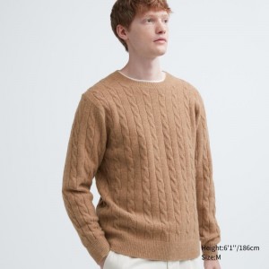 Men Uniqlo Souffle Yarn Cable Crew Neck Sweaters Beige | 2006325