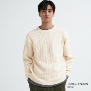 Men Uniqlo Souffle Yarn Cable Crew Neck Sweaters White | 1505863