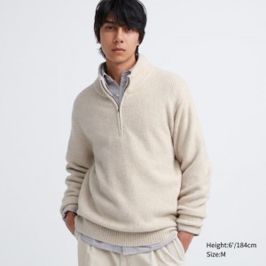 Men Uniqlo Souffle Yarn Long Sleeve Half-zip Sweaters Beige | 2804682