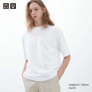 Men Uniqlo U AIRism Cotton Oversized Crew Neck Half-Sleeve T Shirts White | 1846065