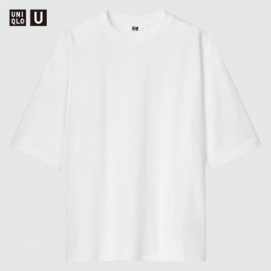 Men Uniqlo U AIRism Cotton Oversized Crew Neck Half-Sleeve T Shirts White | 8581982