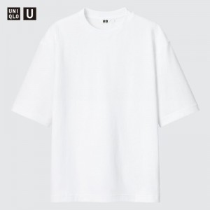 Men Uniqlo U AIRism Cotton Oversized Crew Neck Half-Sleeve T Shirts White | 7426697
