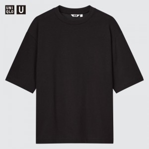 Men Uniqlo U AIRism Cotton Oversized Crew Neck Half-Sleeve T Shirts Black | 5967133