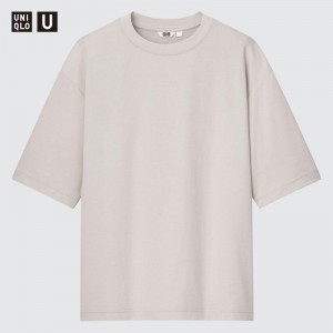 Men Uniqlo U AIRism Cotton Oversized Crew Neck Half-Sleeve T Shirts Grey | 2035228