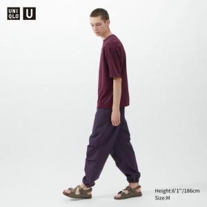 Men Uniqlo U AIRism Cotton Oversized Crew Neck Half-Sleeve T Shirts Purple | 9754209
