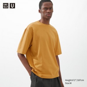 Men Uniqlo U AIRism Cotton Oversized Crew Neck Half-Sleeve T Shirts Yellow | 1534350