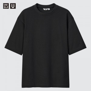 Men Uniqlo U AIRism Cotton Oversized Crew Neck Half-Sleeve T Shirts Black | 8673725