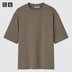 Men Uniqlo U AIRism Cotton Oversized Crew Neck Half-Sleeve T Shirts Brown | 8315008