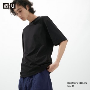 Men Uniqlo U AIRism Cotton Oversized Crew Neck Half-Sleeve T Shirts Black | 9758845