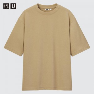 Men Uniqlo U AIRism Cotton Oversized Crew Neck Half-Sleeve T Shirts Beige | 8547159
