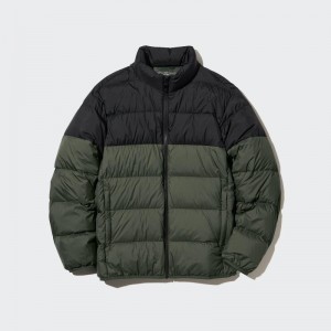 Men Uniqlo Ultra Light Down 3d Cut Wide Quilt Color Block Jackets Olive | 3983159