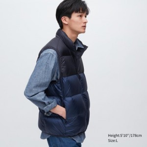 Men Uniqlo Ultra Light Down Wide Quilt Color Block Vest Navy | 7750433