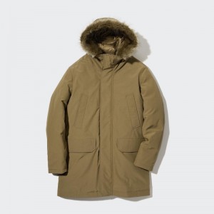 Men Uniqlo Ultra Warm Hybrid Down Coats Beige | 8149181