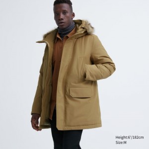 Men Uniqlo Ultra Warm Hybrid Down Coats Beige | 7234638