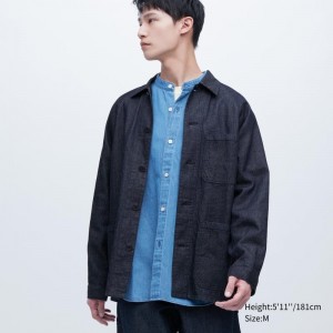 Men Uniqlo Utility Denim Cotton Linen Jackets Blue | 4918484