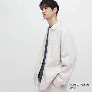 Men Uniqlo Utility Denim Cotton Linen Jackets White | 7879904