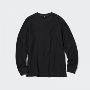 Men Uniqlo Waffle Crew Neck Long-Sleeve T Shirts Black | 7175964