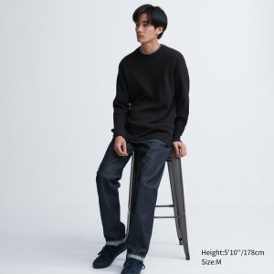 Men Uniqlo Waffle Crew Neck Long-Sleeve T Shirts Black | 2537342