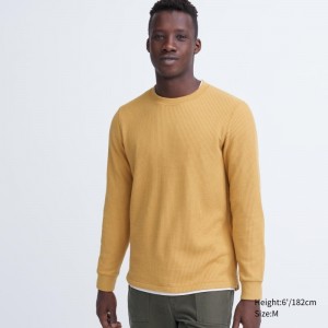 Men Uniqlo Waffle Crew Neck Long-Sleeve T Shirts Yellow | 1113441