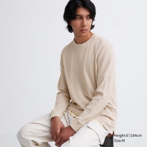 Men Uniqlo Waffle Crew Neck Long-Sleeve T Shirts Beige | 8821289