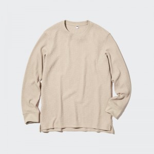 Men Uniqlo Waffle Crew Neck Long-Sleeve T Shirts Beige | 9085720