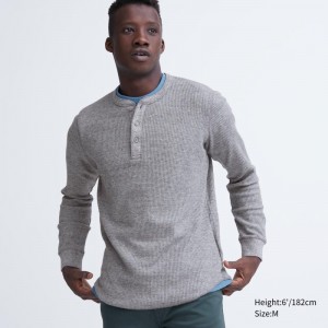 Men Uniqlo Waffle Henley Neck Long-sleeve T Shirts Grey | 1089129