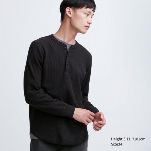 Men Uniqlo Waffle Henley Neck Long-sleeve T Shirts Black | 796219