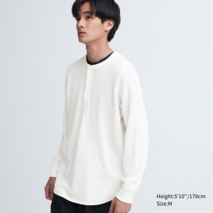 Men Uniqlo Waffle Henley Neck Long-sleeve T Shirts White | 7453157