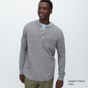 Men Uniqlo Waffle Long-sleeve Henley T Shirts Grey | 8063849