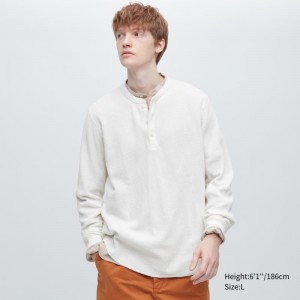 Men Uniqlo Waffle Long-sleeve Henley T Shirts White | 7037596