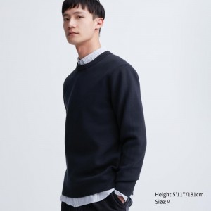 Men Uniqlo Washable Milano Ribbed Crew Neck Sweaters Navy | 4160568