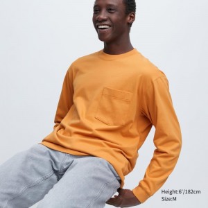 Men Uniqlo Washed Cotton Crew Neck Long-sleeve T Shirts Yellow | 5288235