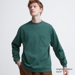 Men Uniqlo Washed Cotton Crew Neck Long-sleeve T Shirts Green | 2374609