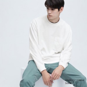 Men Uniqlo Washed Cotton Crew Neck Long-sleeve T Shirts White | 6880369