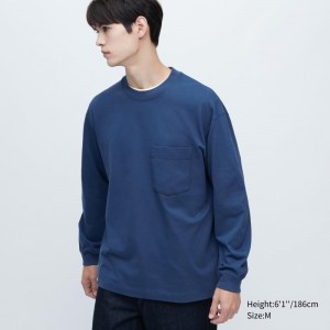 Men Uniqlo Washed Cotton Crew Neck Long-sleeve T Shirts Navy | 9220185